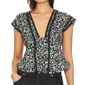 Free People Green and White Floral Blouse